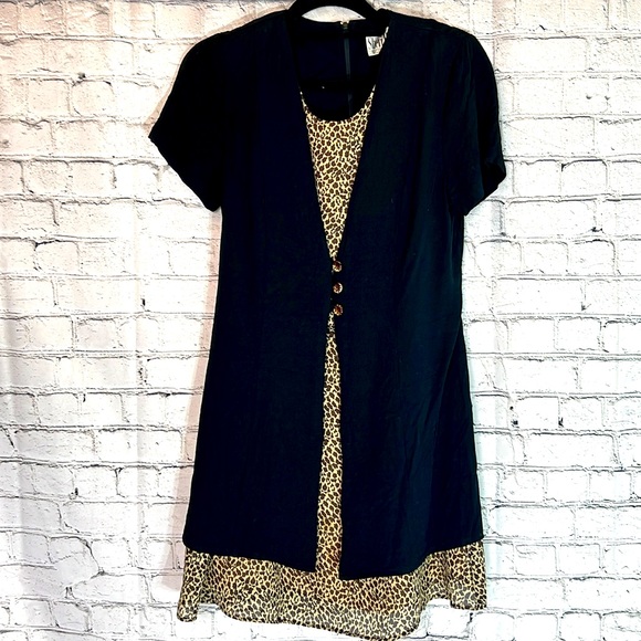 ⭐️ Sheri Martin vintage black layered look leopard print dress & black jacket 8P - Picture 1 of 16
